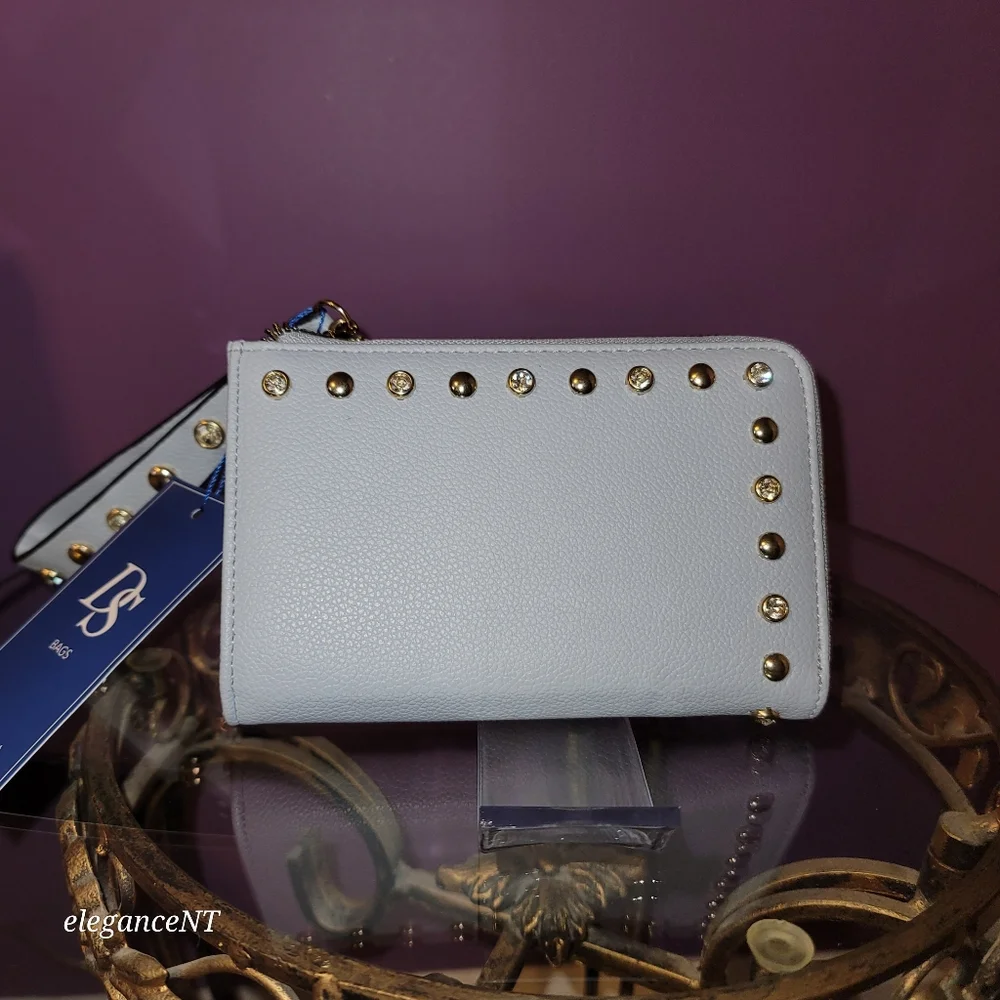 DS Bags Light Blue Studded wristlet wallet clutch with gem studded border NWT - Picture 1 of 11